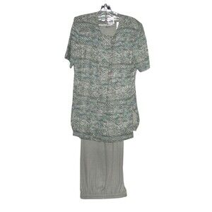 R & M Richard Karen Kwong Pant Suit 2Pc Green Elastic Waist Shirt Sleeve Sz 12